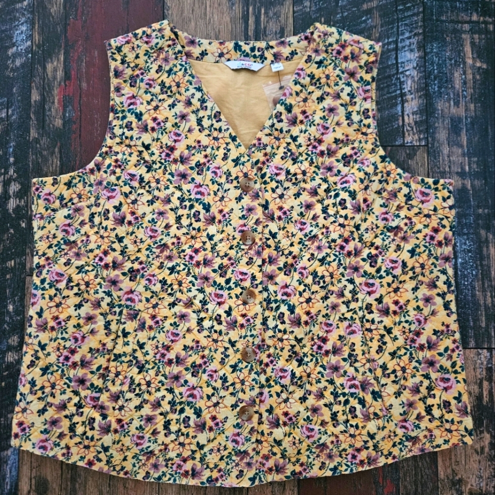 Denim&Co Yellow Floral Vest, US Large